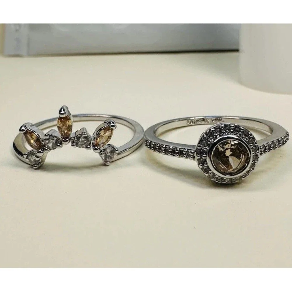 Bomb Party Size 8 Rhodium Plated Champagne Crystal Crown Ring Set